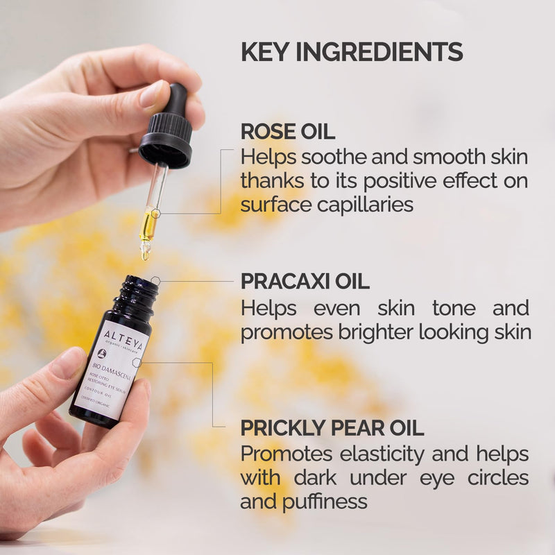 Alteya Organics Eye Serum USDA Certified Organic Skin Care 0.34 Fl Oz/10 mL Bio Damascena Award-Winning Eye Treatment With Organic Bulgarian Rose Oil Rejuvenating, Revitalizing and Clarifying