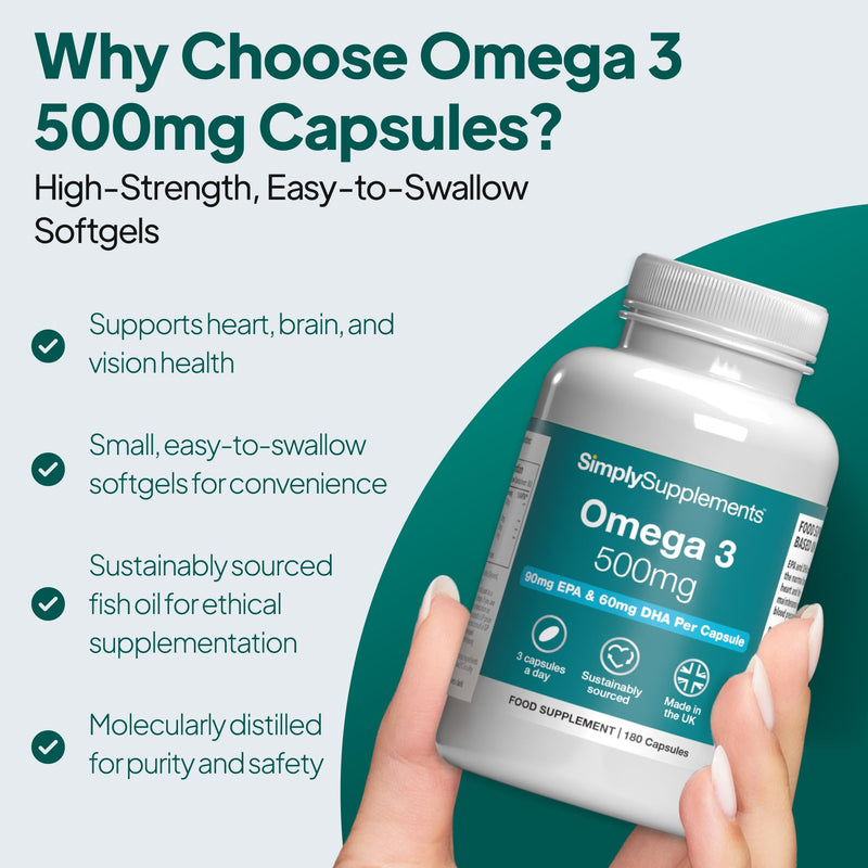 Omega 3 500mg | Supports Heart, Brain & Eye Health | Small, Easy-to-Swallow Softgel | Sustainably Sourced & Molecularly Distilled Fish Oil | 180 Softgel Capsules | UK-Made Unflavoured 180 count (Pack of 1)