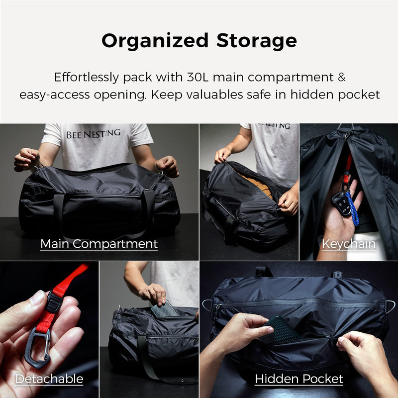 Bee Nesting 30L Ultralight Packable Duffel Bag - 2-in-1 Convertible Crossbody Pouch, Waterproof Cordura Travel Gym Bag with YKK Zippers & Reflective Trim for Men Women, Black (Black, 30L)