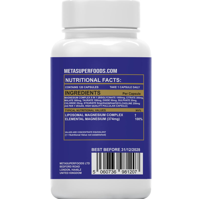 Magnesium 8 in 1 Complex 2000mg | 4 Month Supply | Full Spectrum Elemental Mg Supplement | 120 High Strength Vegan Capsules | 8 in 1 Bioavailable Magnesium | 1 A Day | Gluten Free, UK Company