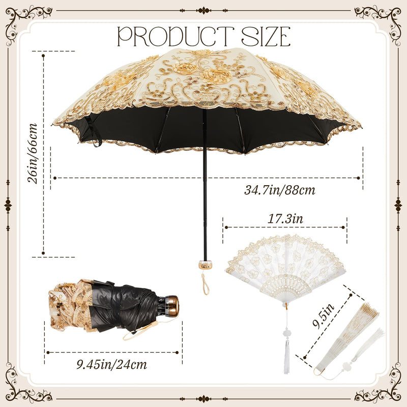 Floral Lace UV Sun Parasol with Lace Handheld Fan Vintage Flower Embroidery Umbrella Folding Fan Gothic Umbrella or Bridal Wedding Party Gift Show Cosplay Photo Props Apricot Yellow