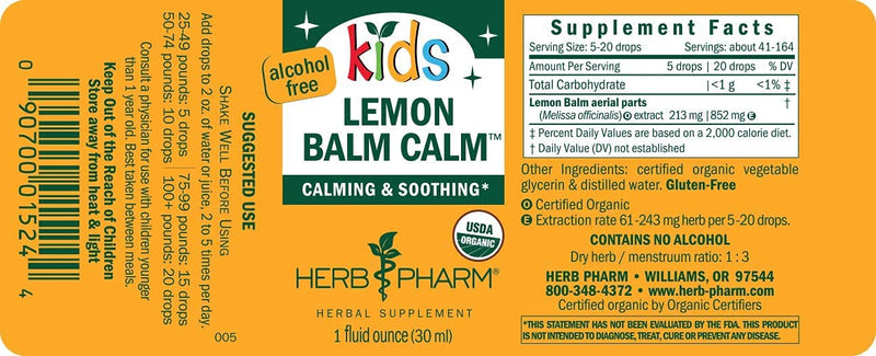 [Australia] - Herb Pharm Kids Certified-Organic Alcohol-Free Lemon Balm Calm Liquid Extract, 1 Ounce (GLKLEMON01) 