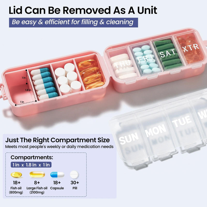 Foldable & Portable Weekly Pill Organizer, Week Daily 7 Day Travel Pill Box | 1 Time A Day, with 1 Extra Compartment, Double Lock, Large Medicines Case Holder Dispenser for Med, Vitamin, Supplement, Pink