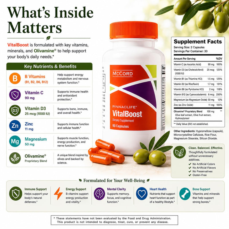 McCord VitalBoost Energy, Memory & Immunity Supplement with Vitamin D3, Magnesium, Zinc, Potassium & Olivamine, Supports Heart, Bone, Cognitive & Immune Health, Gluten-Free, 60 Capsules