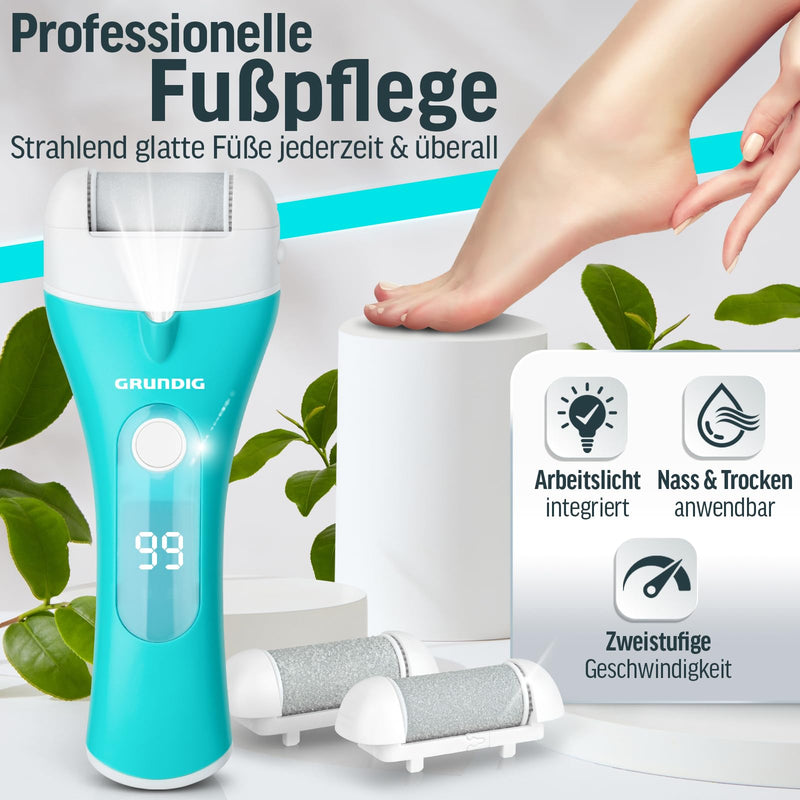 [Australia] - Grundig electric callus remover Pro - quickly remove calluses without bending - premium battery-powered callus remover wet + dry with work light, 3 foot rollers, rechargeable (callus remover) turquoise white 
