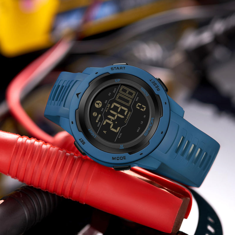 [Australia] - Men's Digital Watch Waterproof Pedometer Watches Sport Watch Step Counter Calorie Military Watch with Stopwatch Alarm LED Backlight Countdown blue 