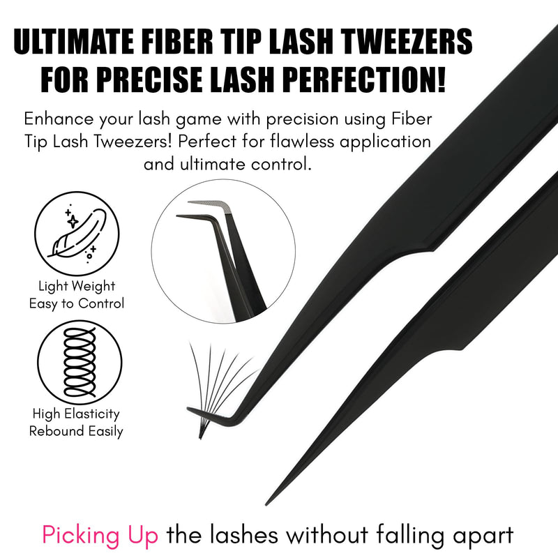 2Pcs Fiber Tip Lash Tweezers for Eyelash Extensions and Straight Isolation Tweezer Set – Professional Precision Fan Making, Mega Volume Boot Lashing, Classic & Mink Eyelashes, Black 2PCS SET Black Tweezers Set/Mlt07-3)