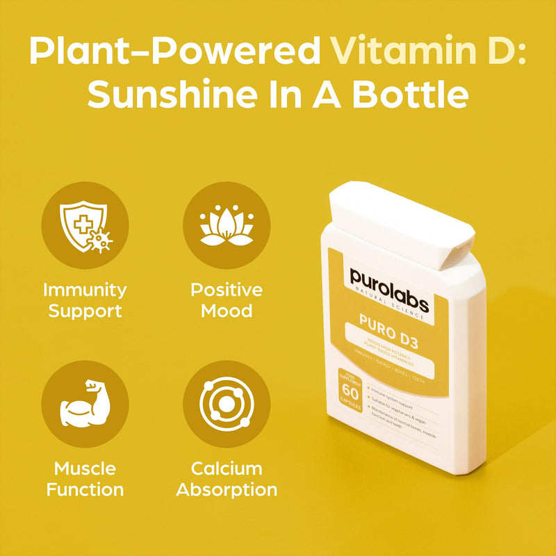 Purolabs Vitamin D3 High Strength 3000IU – Vegan Plant-Based Vitamin D Supplements for Women & Men – Premium Vitamin D Capsules for Immune, Bone & Mood Support – 60 Vegan Capsules