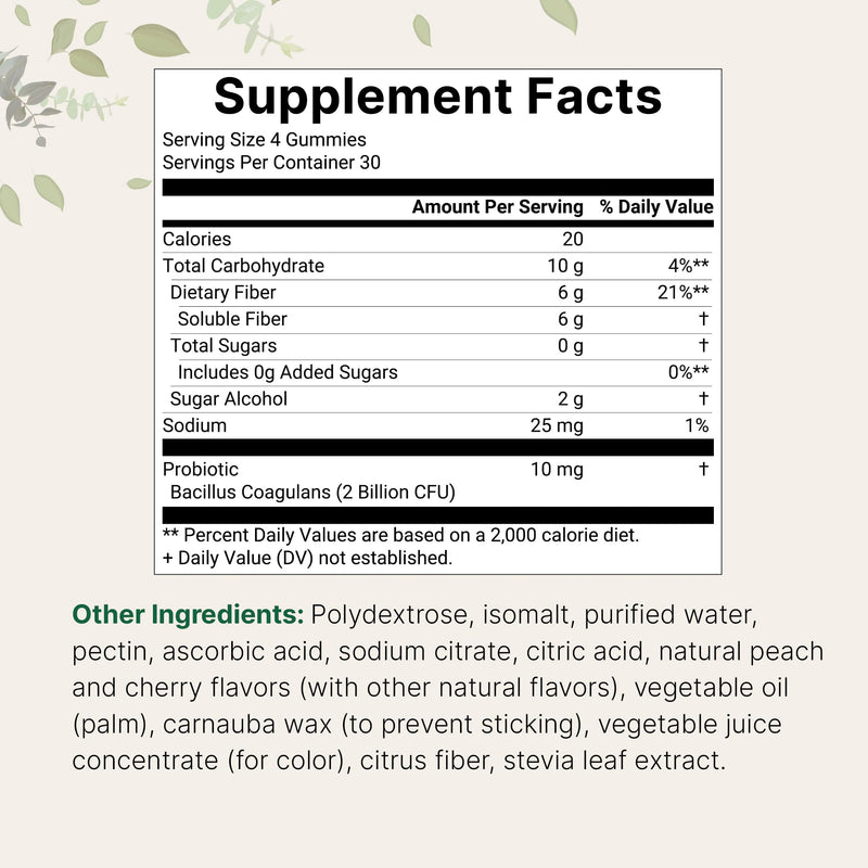 Micro Ingredients Fiber Gummies with Probiotics, 120 Count | 6g Per Serving + 2 Billion CFU | Sugar Free Peach Cherry Flavor | High Fiber Supplement for Women & Men | Non-GMO, Gluten Free