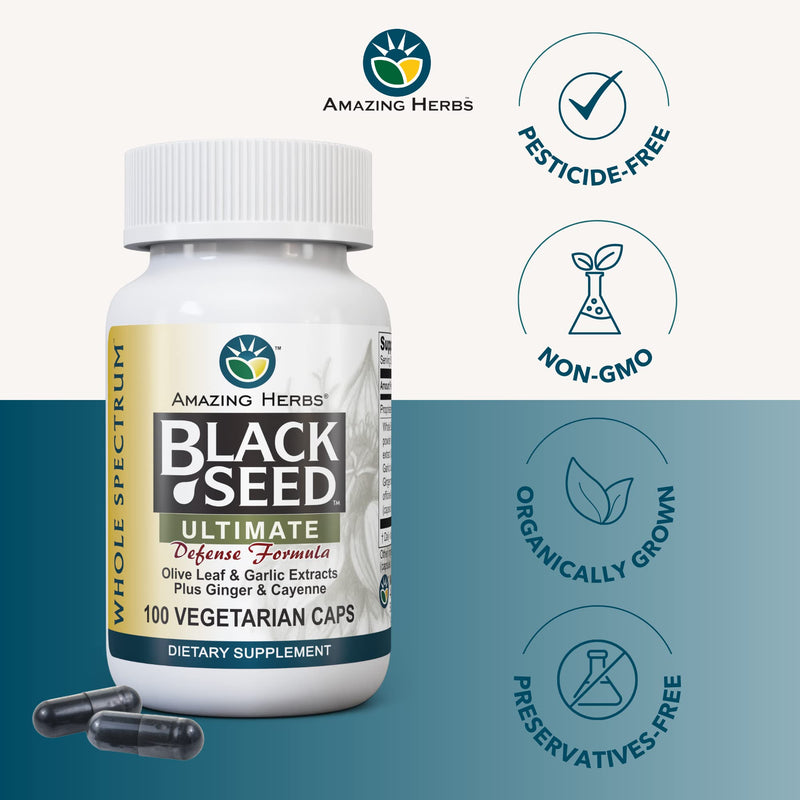 [Australia] - Amazing Herbs Whole Spectrum Black Seed Ultimate, Vegetarian Capsules - Olive Leaf & Garlic Extracts Plus Ginger & Cayenne, Gluten Free, Non GMO, Vegan - 100 Count 