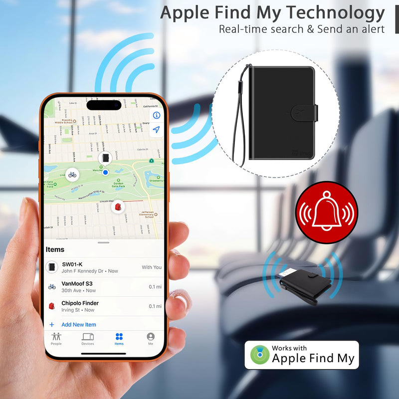 Passport Holder for Travel with Apple Find My,Waterproof RFID Blocking Passport Cover with 4 Card Slots, Wireless Charging, Magnetic Closure, Black