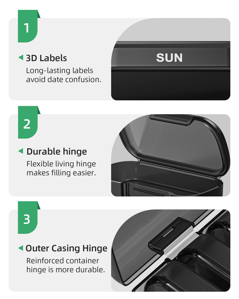 [Australia] - PULIV Pill Organizer with Large Capacity, Dual Protection Pill Box 7 Day, Arthritis Friendly Pill Case Easy to Open, Weekly Medicine Organizer for Vitamins, Medications, Fish Oils, Supplements (Black) Black 