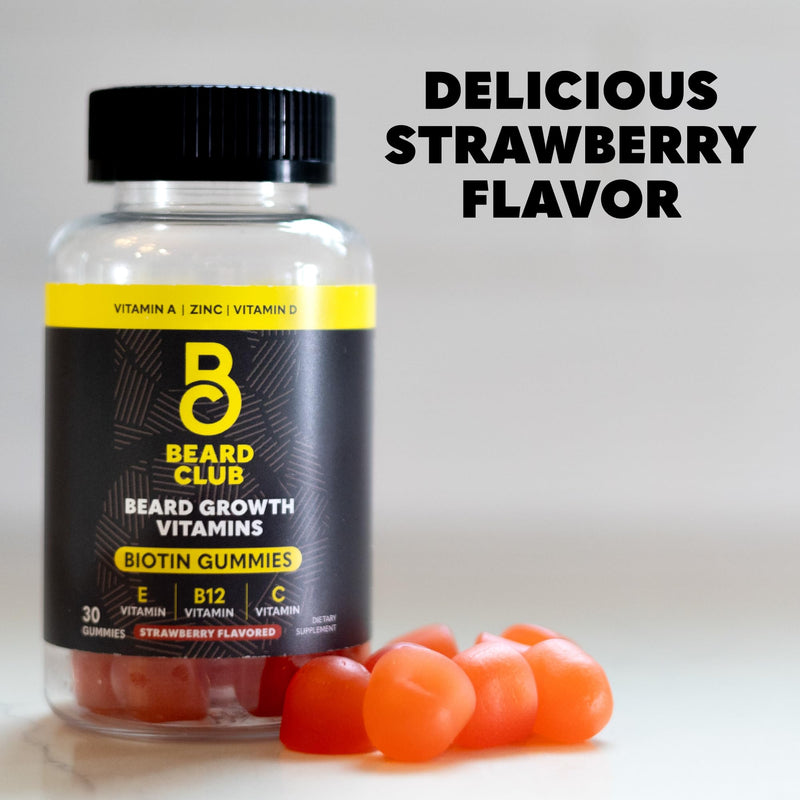 The Beard Club Biotin Beard Growth Vitamin Gummies - Hair Supplement for Men - Vitamins B12, E, & C to Support a Thicker Fuller Looking Facial Hair - Strawberry Gummy Beard Growth Gummies