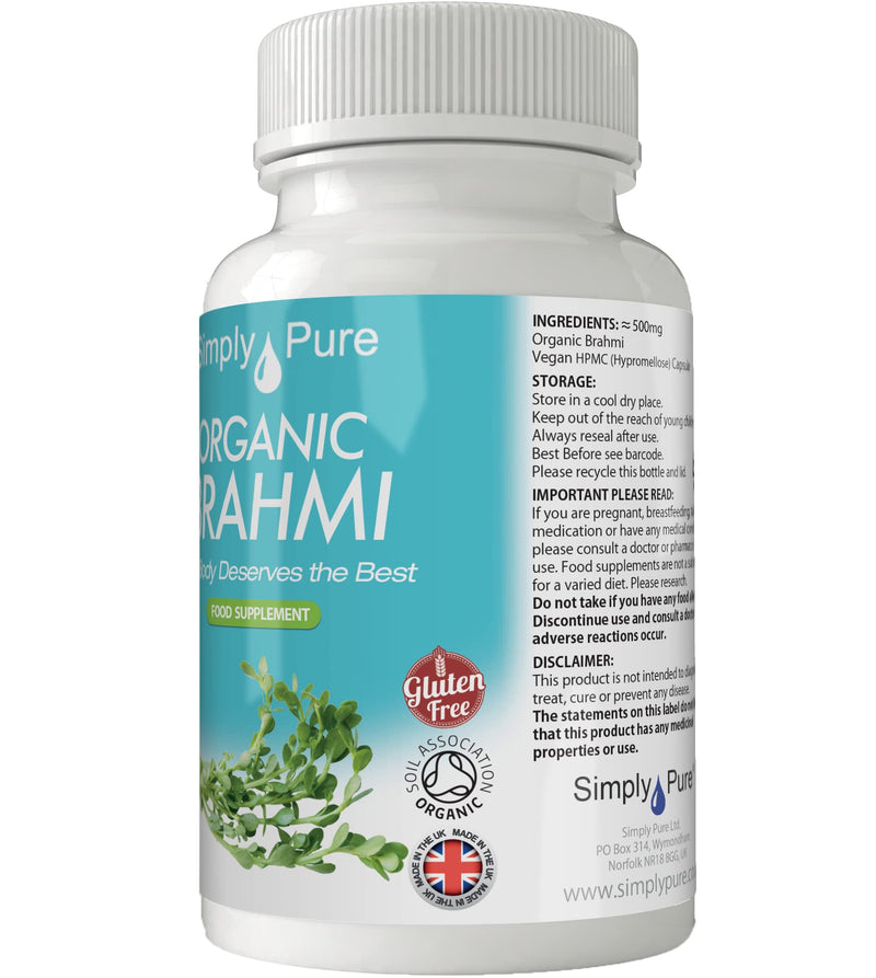 Organic Brahmi - Bacopa Monnieri - for Cognitive & Memory Support | 500mg Capsules x 90 | 100% Pure Soil Association Certified | Gluten Free | GM Free | Vegan