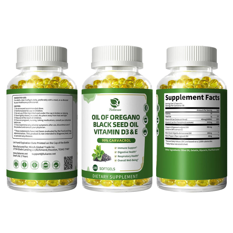 [Australia] - Oregano Oil Capsules Organic, 5-IN-1 with Black Seed Oil, Vitamins D3 & E, Black Pepper for Enhanced Absorption, 99% Carvacrol ‚Äì Immune, Respiratory & Digestive*‚Äì180 Caps, 3 Months Supply, Non-GMO 180 Count (Pack of 1) 