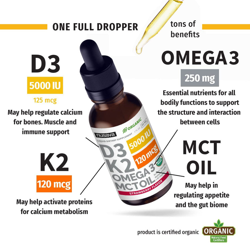 NUSAVA Strawberry Flavored D3 K2 Liquid Drops and Vanilla Flavored D3 K2 Liquid Drops Bundle - Potent Liquid Vitamins for Heart, Joint, Bone, Muscle, & Immune Support - Non-GMO, Gluten-Free, 2pk Each