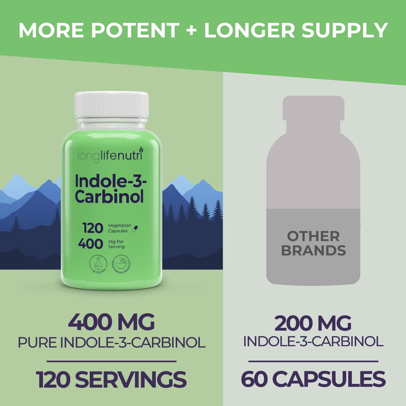LongLifeNutri Indole-3-Carbinol 400mg - 120 Vegeterian Capsules, 4-Month Supply, Organic Supplement for Hormone Balance & Cellular Health, Lab Tested, Made in USA 120 Count (Pack of 1)