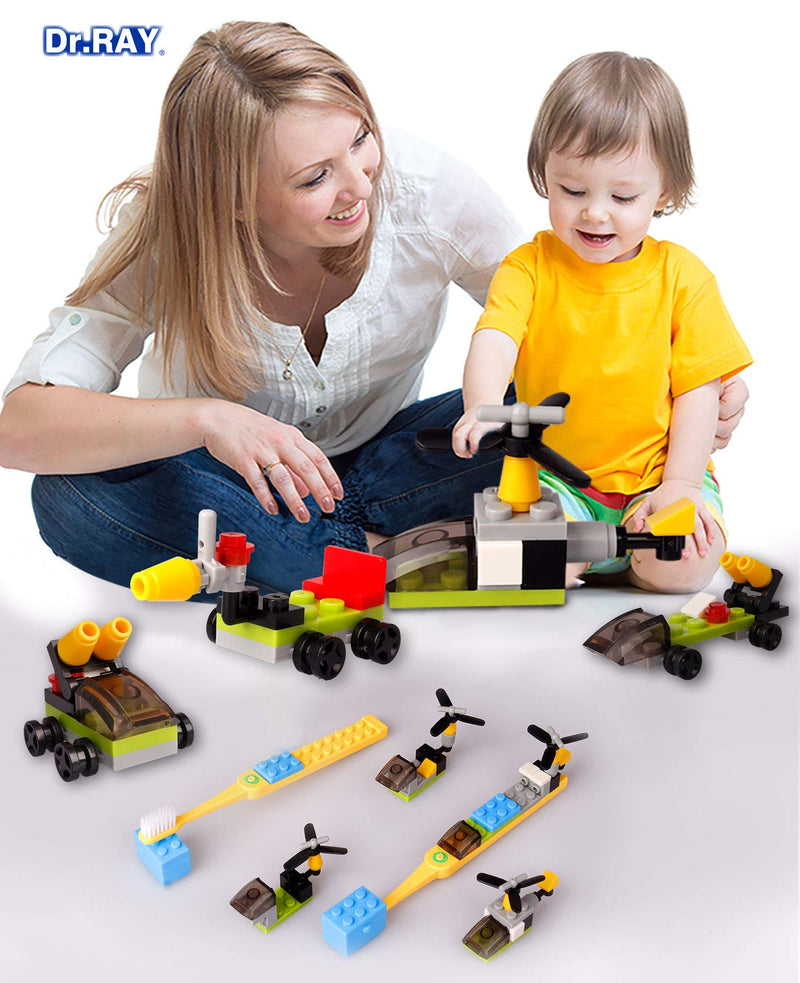 [Australia] - Dr.RAY Kids Toothbrush with Building Blocks and Toothbrush Covers, Extra Soft, Ages 6+ (Pack of 3, Multi-Colored) 