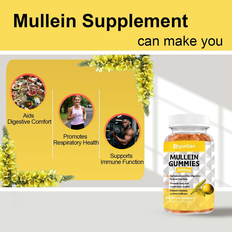 Mullein Gummies, 2000mg Organic Mullein Leaf Extract with Quercetin, Bromelain & Vitamin D3, Mullein Leaf Extract for Respiratory, Natural Lung Cleanse, Improve Appetite, Vegan, Non-GMO, 2 Pack 60 Count (Pack of 2)