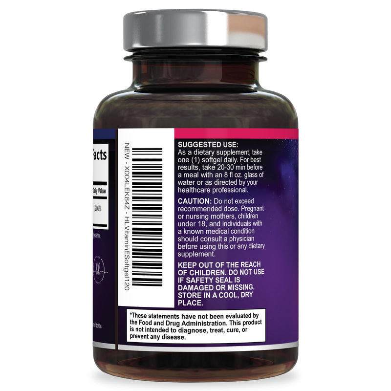 Vitamin E - 180 mg per Serving - Powerful Hair & Skin Support Supplement - dl-Alpha VitaminE Immune Health Support with Antioxidants - Easily Absorbed GMO & Gluten Free, Bottled in USA - 120 Softgels 120 Count (Pack of 1)
