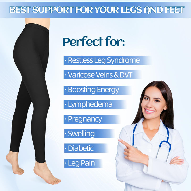 [Australia] - Compression Pantyhose for Women & Men, Medical Graduated Compression Stockings, Waist High Support Tights, Opaque Leggings for Varicose Veins,Edema,Post Surgery Small 20-30mmHg Footless Black 