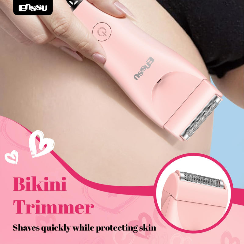 [Australia] - Bikini Trimmer for Women - 2 in 1 Pubic Hair Trimmer IPX7 Waterproof, Razors for Women with LED Light & USB Charge, Painless Electric Shaver with Ceramic Blade for Bikini Legs Arm Underarm 