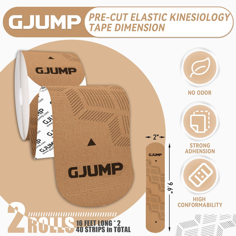 [Australia] - Kinesiology Tape, 40 Count Precut Strips 2 Rolls, Original Cotton Elastic Athletic Tape for Muscle Strain Relief & Joint Support, Waterproof & Breathable Sports Tape for Support and Recovery Beige 