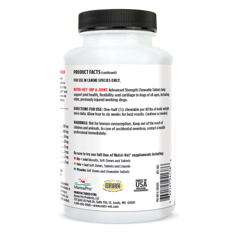 Nutri-Vet Advanced Strength Hip & Joint Chewable Dog Supplements - Formulated with Glucosamine & Chondroitin to Support Dog Cartilage & Mobility - 150 Tablets 150 Count - PawsPlanet Australia