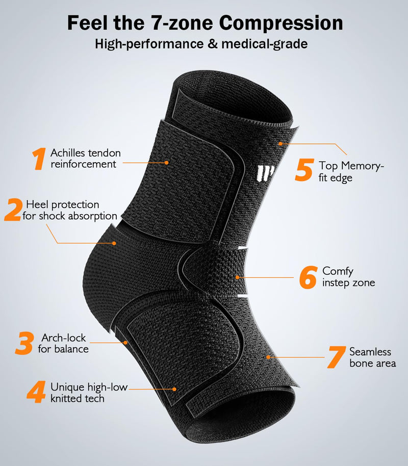 Flat Knitting Ankle Brace For Women&Men, 7-Zone Dynamic Compression Sleeve w/Flex Strap,Foot Support For Sports, Sprained Ankle, Achilles Tendonitis, Plantar Fasciitis Relief(Pack of1)M, Black