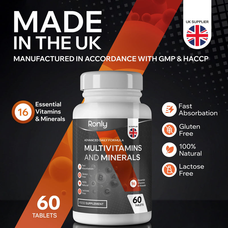 Ronly Multivitamins & Minerals Tablets — One A Day Advanced Daily Formula | 16 Essential Vitamins & Minerals | Immune & Energy Support | Vegan, Gluten Free & Lactose Free | No GMO