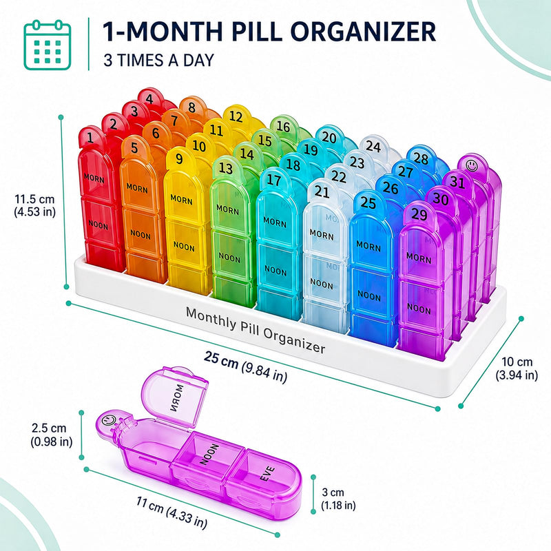 Cruxer Monthly 3 Times a Day Pill Organizer, Portable 31 Day Medicine Box | One Month Pill Case 32 Compartments 3 Times Pill Container, Travel Tablet Organizer to Hold Vitamins, Fish Oil, Supplements 1 Month-3 Times