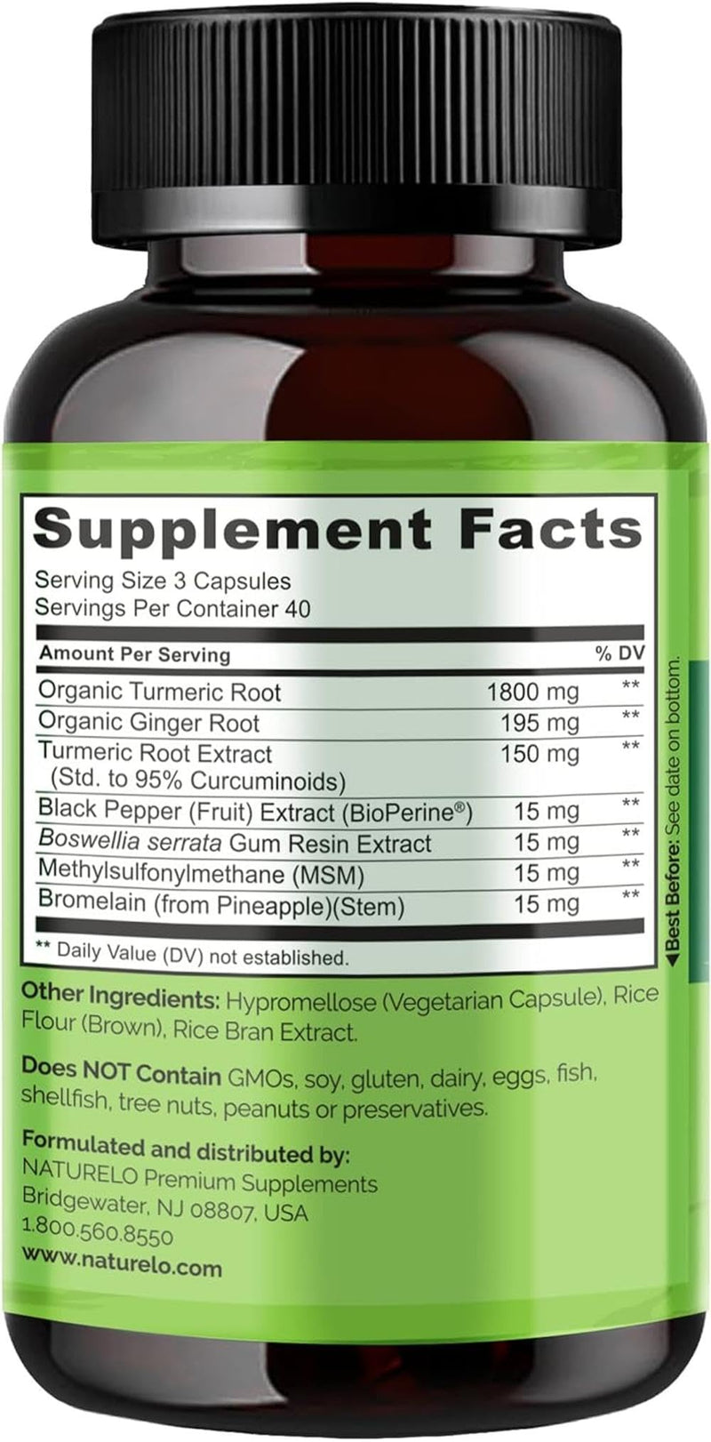 NATURELO Turmeric - Curcumin & Ginger Root with Black Pepper for Better Absorption - 95% Curcuminoids - Pure Nutrient-Rich Blend with No Fillers - 120 Vegan Capsules | 4 Month Supply