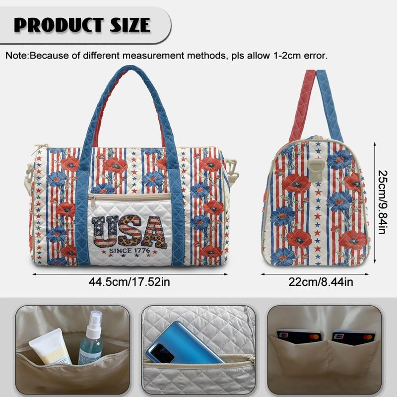 250th Anniversary USA Travel Duffle Bag for Women with Flowers on it Patriotic Overnight Bag with Crossbody Strap Portable Weekend Bag for Flying