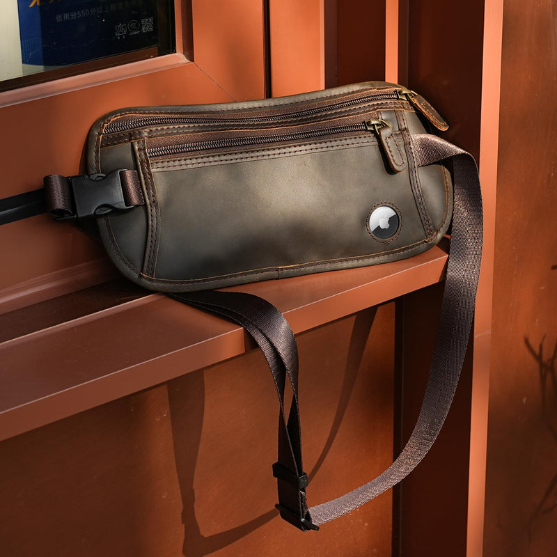 Polare Leather Money Belt Hidden Passport Holder Travel Pouch, AirTag Slot | Full Grain Cowhide Leather, RFID Protection, Travel Passport Wallet, Slim Undercover Waist Bag