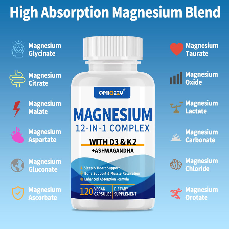 Magnesium Complex 700mg, 12 in 1 Supplement for Women & Men, 120 Capsules | Magnesium Glycinate with Vitamin D3 K2, Citrate Malate Oxide Taurate Aspartate Orotate, for Relaxation, Heart, Energy, Muscle 118 Count (Pack of 1)