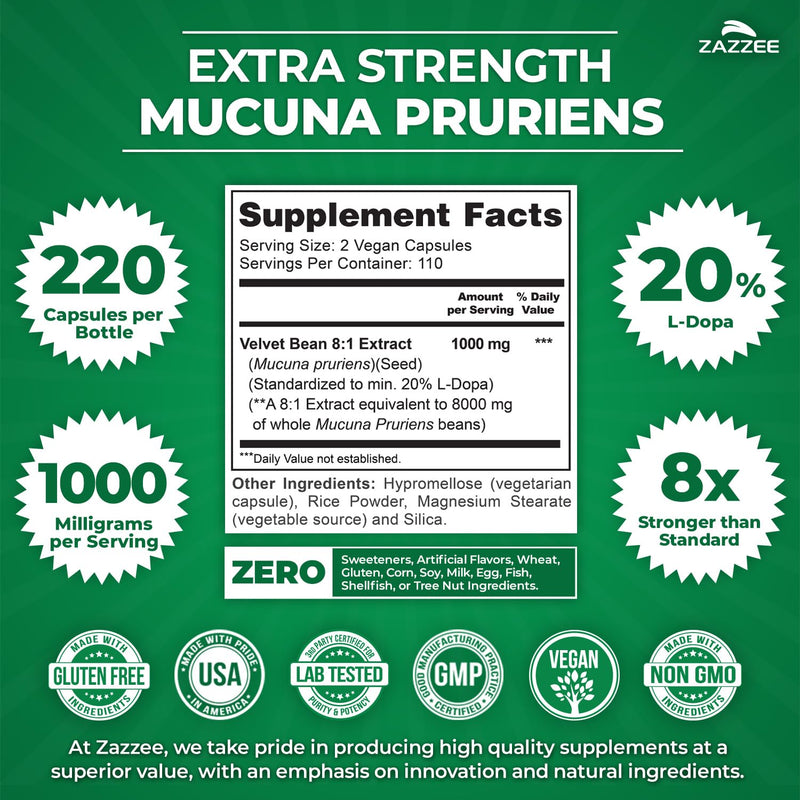 [Australia] - Zazzee Extra Strength Mucuna Pruriens 8:1 Extract, Minimum 20% L-Dopa, 1000 mg, 220 Vegan Capsules, 110 Day Supply, Concentrated and Standardized 8X Extract, 100% Vegetarian, All-Natural and Non-GMO 
