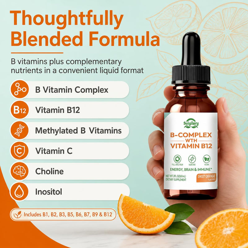 Suiyilary Vitamin B Complex Liquid Drops, B12 Methylcobalamin, B9 Folic, Vitamin C, Immune, Energy Metabolism, Brain & Heart Support, Orange Flavor, 60ml