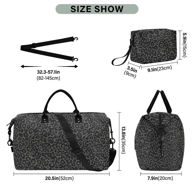 Large Travel Duffel Bag Sports Tote Gym Bag Overnight Weekender Bags Dark Gray Leopard Cheetah Print Carry On Luggage with Toiletry Bags