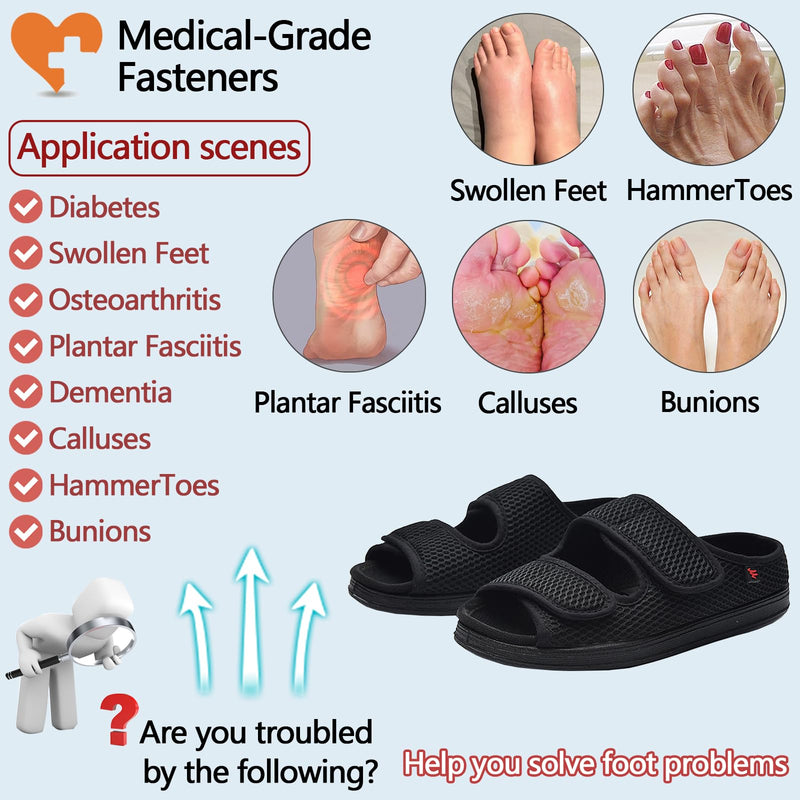 [Australia] - Women's Diabetic Sandals, Extra Wide Width, Open Toe, Adjustable Magic Stickers for Wide Feet, Big Toes, Foot Diseases, Arthritis, Swollen Foot Black 8 Wide 