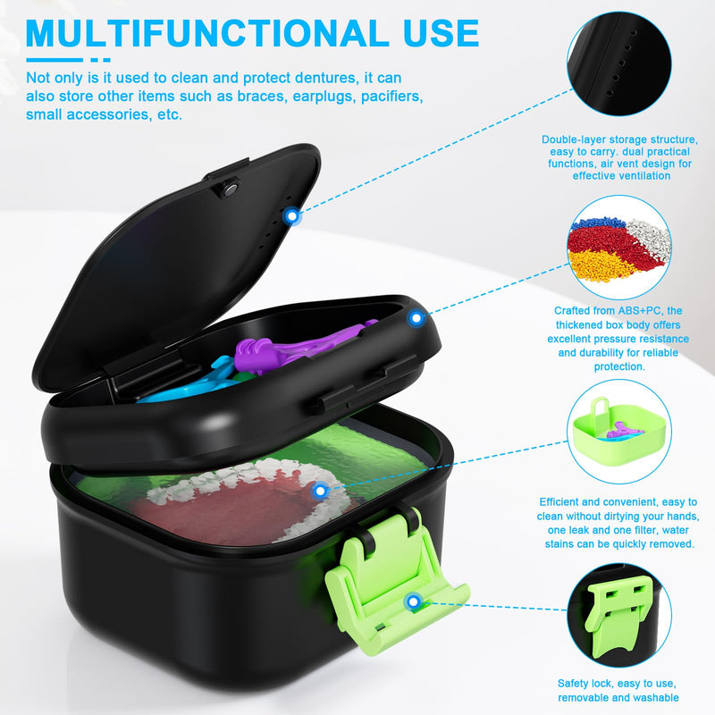 Denture Bath Case Leak Proof, Travel Denture Cup for Soaking Dentures & Retainer, Retainer Cleaner Case, Upgraded Double-Layer False Teeth Container with Strainer, Black+Light Green.