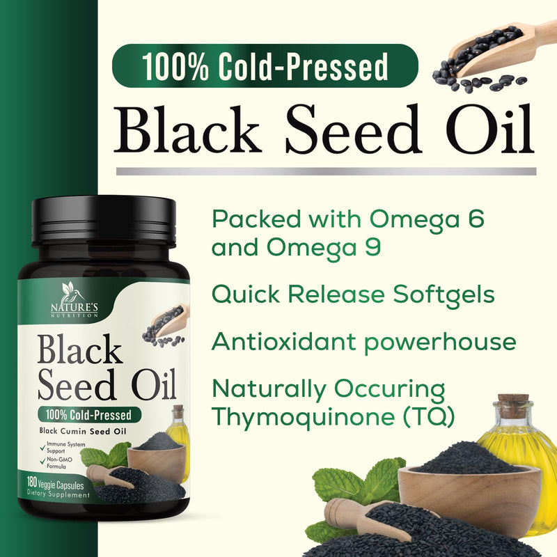 [Australia] - Black Seed Oil Capsules 1000mg - Vegan Cold-Pressed Nigella Sativa Black Seed Oil, Nature's Pure Black Cumin Seed Oil for Immune, Hair and Brain Support, Non-GMO - 180 Capsules 180 Count (Pack of 1) 