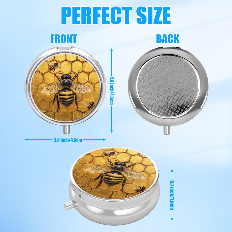 Pill Box, 3 Compartments Small Pill Case Travel Portable Metal Medicine Box with Mirror Mini Container for Purse Pocket Women Men（Cute Bee）