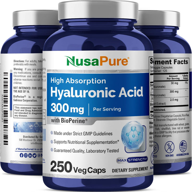 [Australia] - NusaPure Hyaluronic Acid 300mg 250 Veggie Capsules (Non-GMO, Gluten Free) 