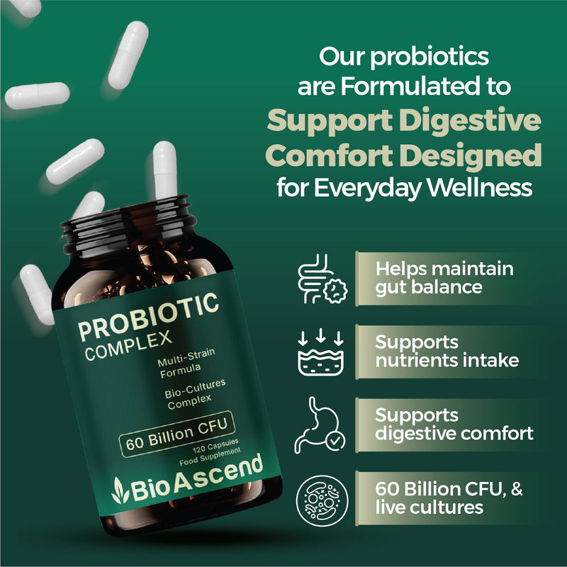 Gut Health & Digestive Support | Bio Cultures Complex Probiotics & Prebiotics | 60 Billion CFU | 2 Months Supply | 120 Capsules | Lactobacillus & Bifidobacterium Strains