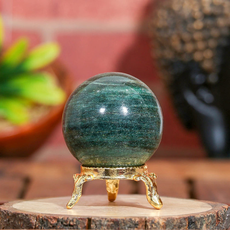 Crocon 35mm Green Aventurine Stone Sphere Ball with Metal Stand 1400+ Carats Gemstone Ball Healing Sphere Sculpture Figurine for Fengshui Divination Home Decoration Photography Crystal Sphere