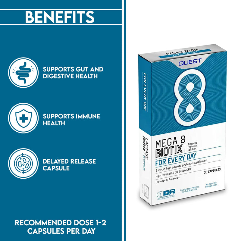 Quest Mega 8 Biotix Probiotic Capsules 30 Billion CFU for Immune & Digestive Support. Helps Restore Gut Friendly Bacteria & Regulate Immune Responses. (30 Capsules x 1 Pack) 1 count (Pack of 1)