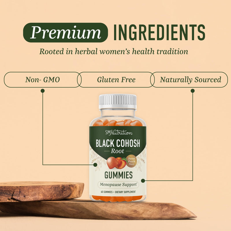 [Australia] - Black Cohosh Gummies for Women | Menopause Relief for Hot Flashes & Night Sweats | 50mg Black Cohosh Root Extract | Gluten-Free, Vegetarian, Certified Non-GMO | Natural Peach Flavor | 60 Gummies 