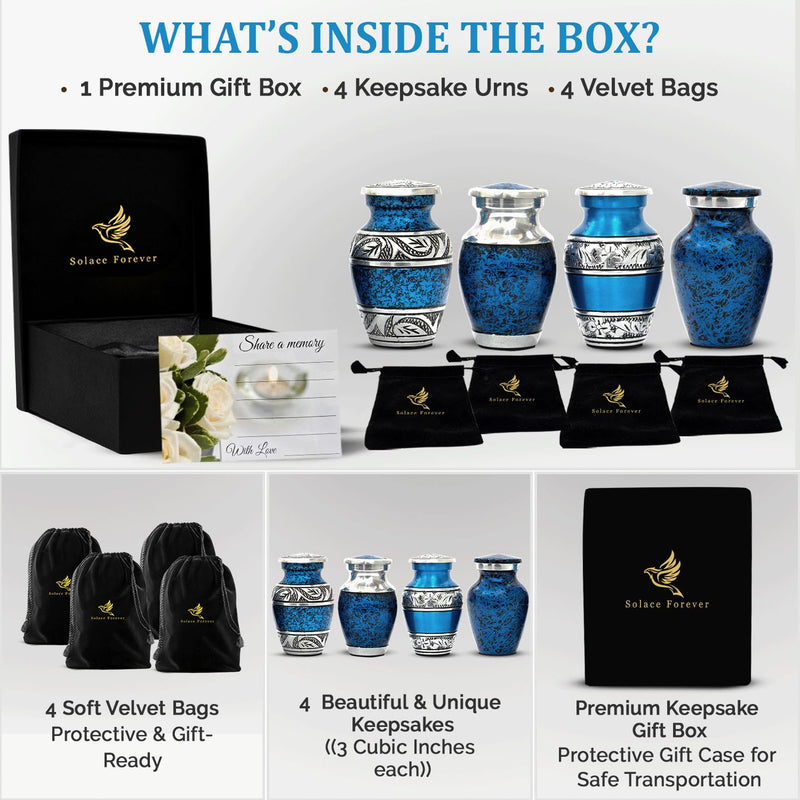 [Australia] - Graceful Small Urns for Human Ashes Keepsake – Elegant Cremation Urn – Tiny Urn Keepsakes for Women – Mini Urns for Ashes for Cherished Memories (Blue, Set of 4) Blue 