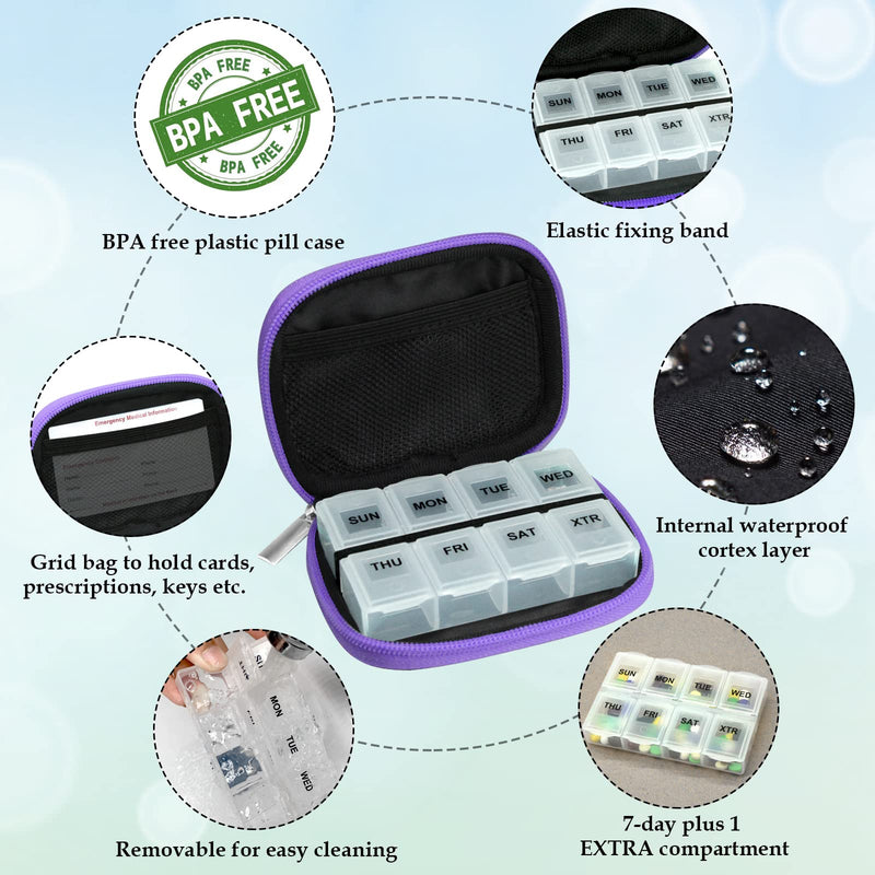 Serfeymi Weekly Travel Pill Organizer Case for Purse with Removable 7 Day Box, Fashionable Pill Container for Medicine, Vitamin, Supplement - Purple 01 1 Case + 1 Box A. Purple 01