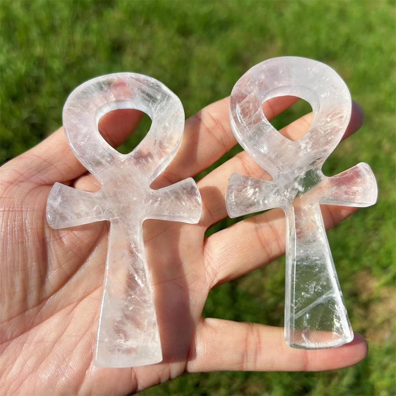 4" Cross Crystal Worry Stones Natural Clear Crystal Ankh Cross Carved Rose Quartz ，Aventurine Crystal Skull Reiki Healing 1pc (Clear Crystal)